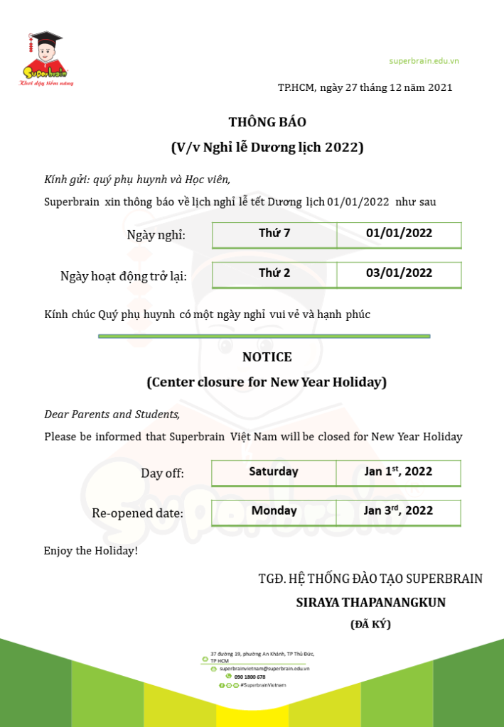Lịch nghỉ Tết 2022 Superbrain toàn hệ thống